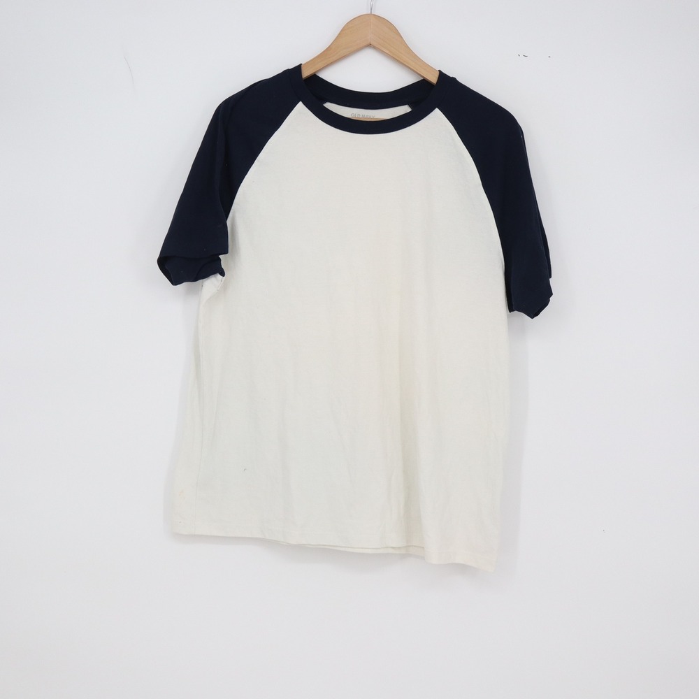 Old Navy T-Shirt Mens M Soft-Washed Raglan Cream Navy Blue Colorblock Excellent